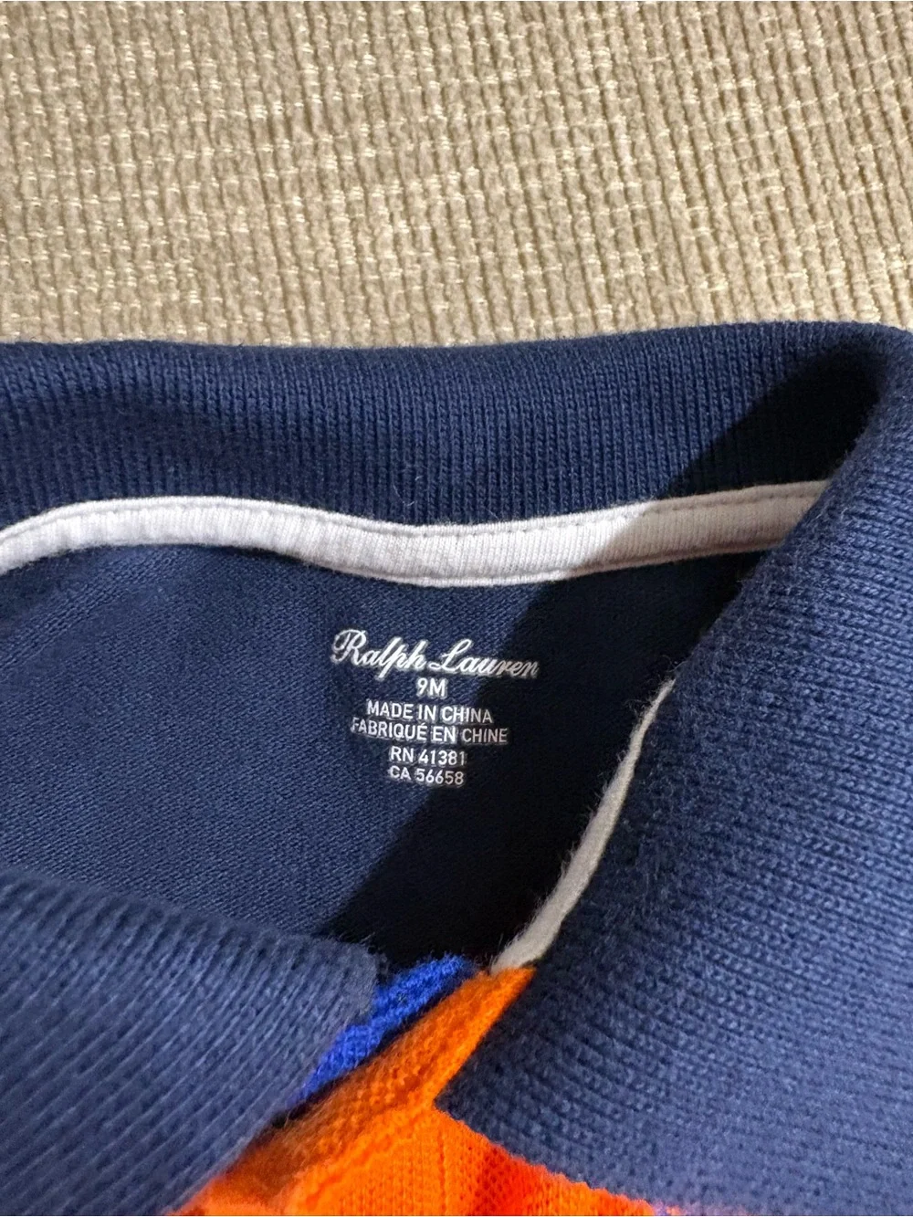 Polo Ralph Lauren baby boy orange/navy blue polo romper one piece 9 months
